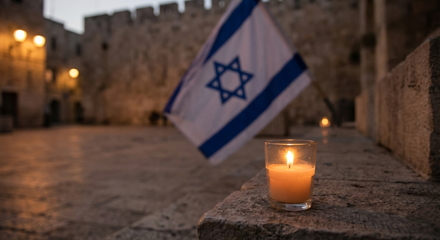 נר זיכרון דולק על רקע דגל ישראל מטושטש, אווירה מרגשת ושקטה