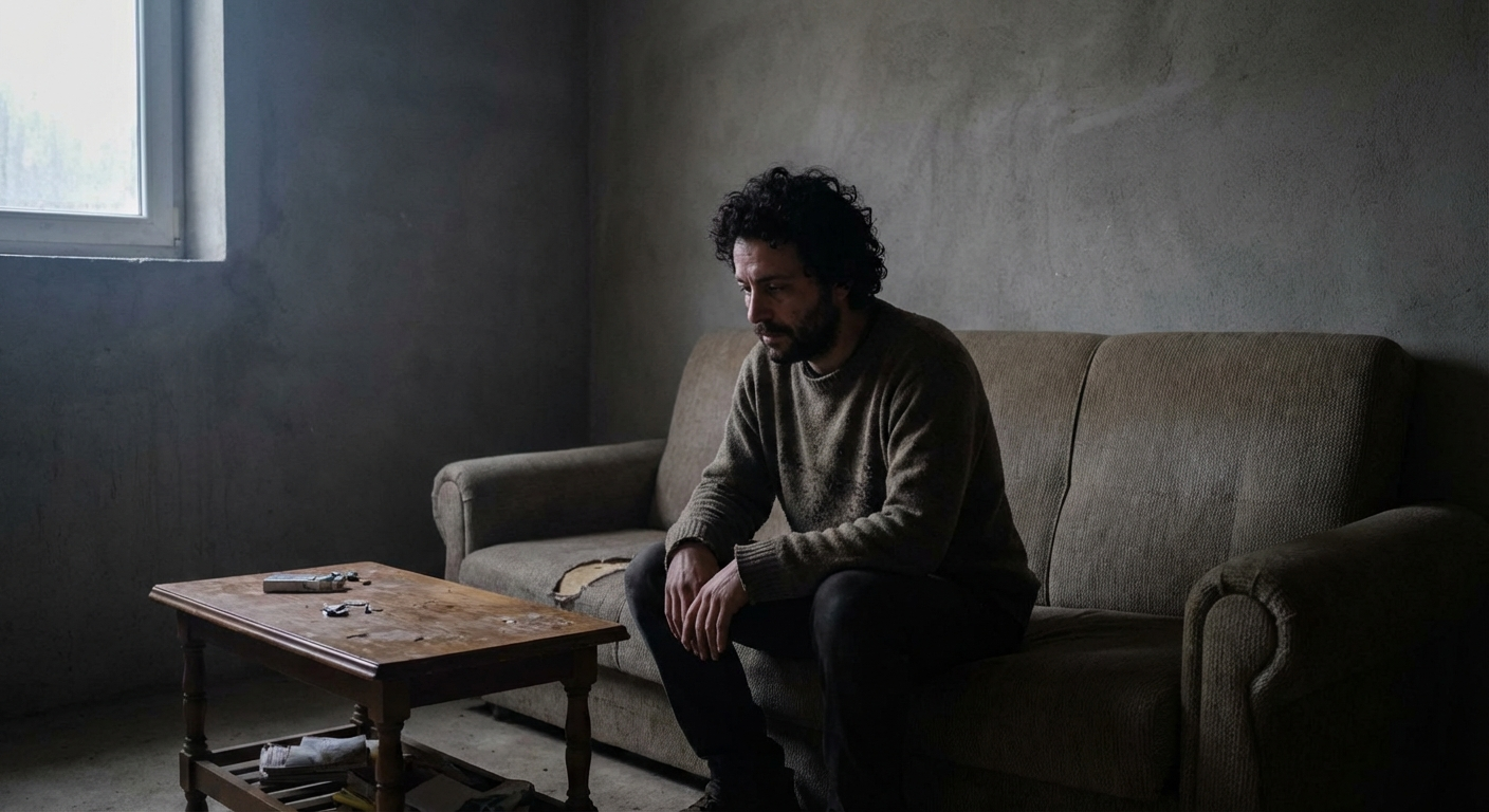 אדם ישראלי יושב על ספה בחושך, אור חלש מחלון, מבט כלפי מטה, תאורה עמומה