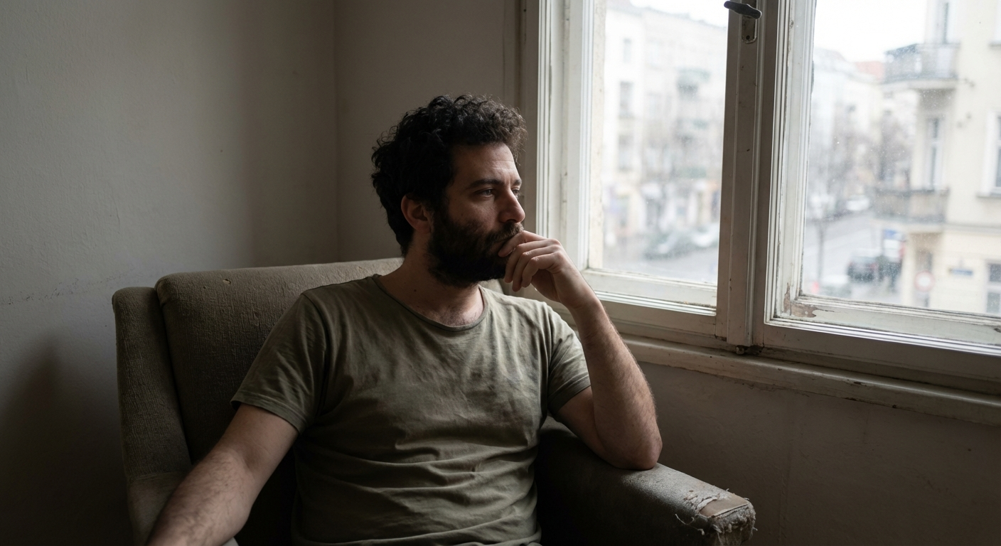 גבר ישראלי בשנות ה-30 יושב בחלון ומביט החוצה בהרהור כבד