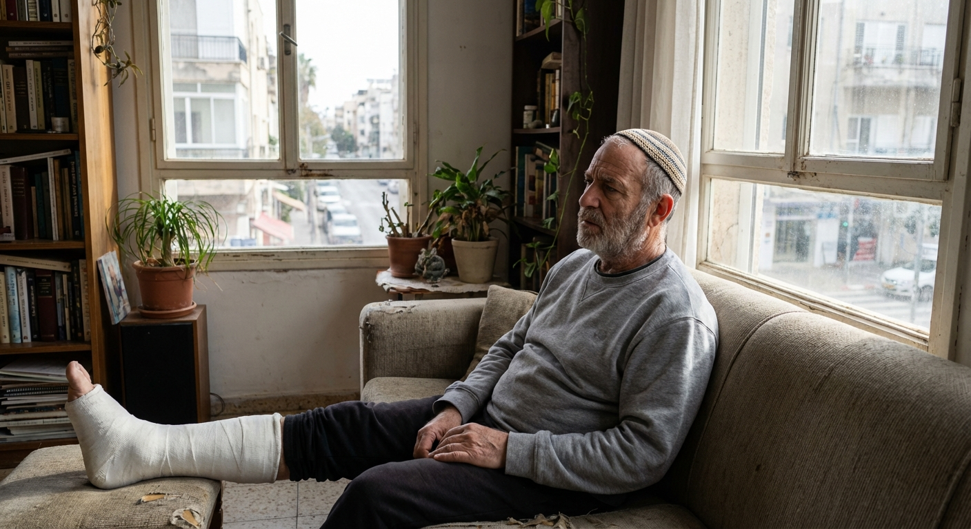 אדם ישראלי יושב על ספה עם רגל בגבס, מסתכל מהחלון בתסכול, אור טבעי