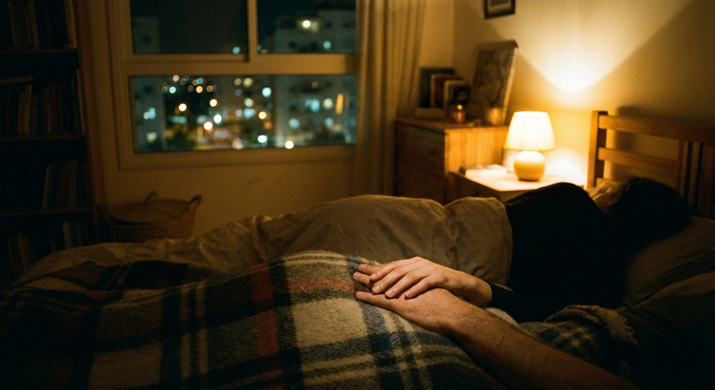 זוג ידיים ישראליות על שמיכה בחדר שינה חשוך למחצה, נשימה רגועה באמצע הלילה