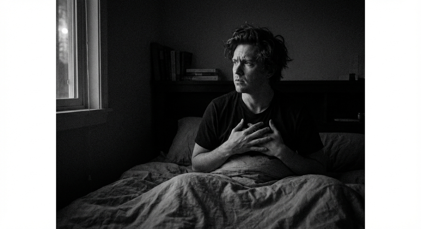 אדם יושב על מיטה בלילה בחדר חשוך, מואר מעט מאור ירח דרך החלון, מחזיק ידיים על החזה