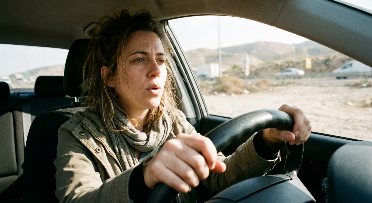 נהגת ישראלית עוצרת בצד הדרך ביום, ידיים על ההגה, נושמת עמוק ומסתכלת קדימה