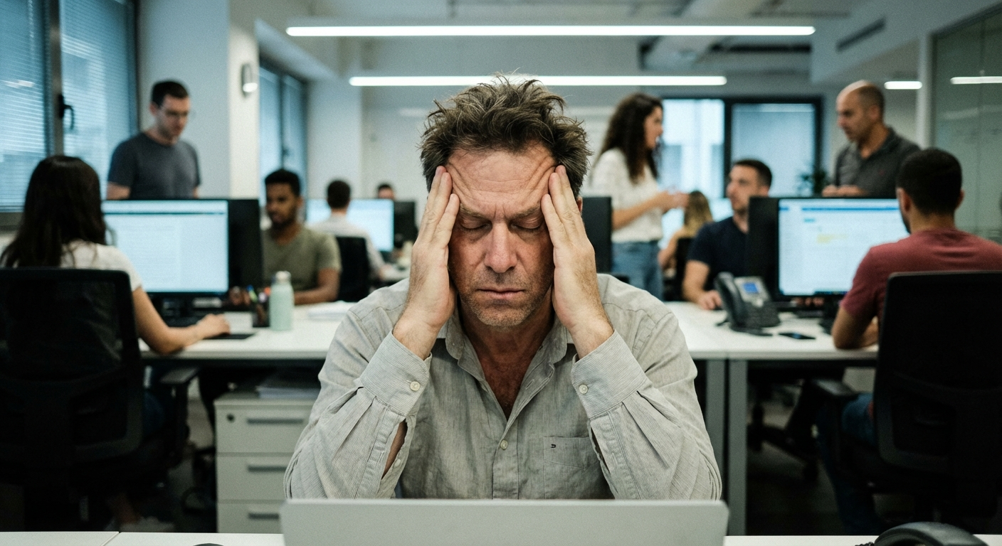 גבר ישראלי במשרד אופן ספייס מחזיק את ראשו עם מבט לחוץ