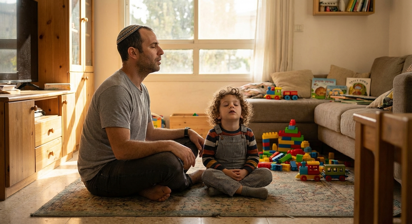 הורה ישראלי יושב על הרצפה ליד ילד קטן, שניהם נושמים יחד, סלון ביתי חמים, אור טבעי