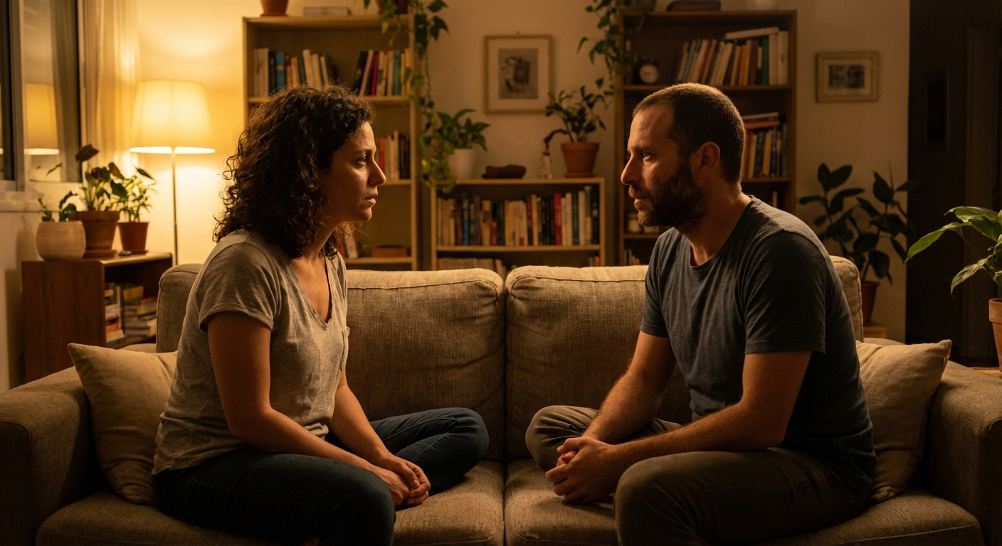 זוג ישראלי יושב על ספה, שומרים מרחק קטן אבל מביטים אחד לשני, אור ערב חם