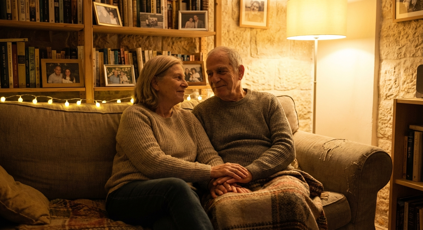 זוג ישראלי יושב על ספה ביחד, מחזיקים ידיים בשקט, אור ערב חם