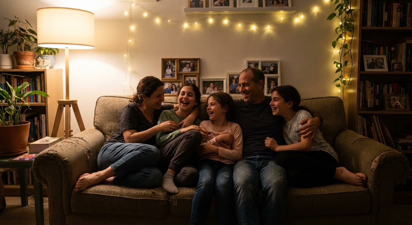 משפחה ישראלית יושבת יחד בסלון בערב, אור חם, אווירה של תמיכה הדדית