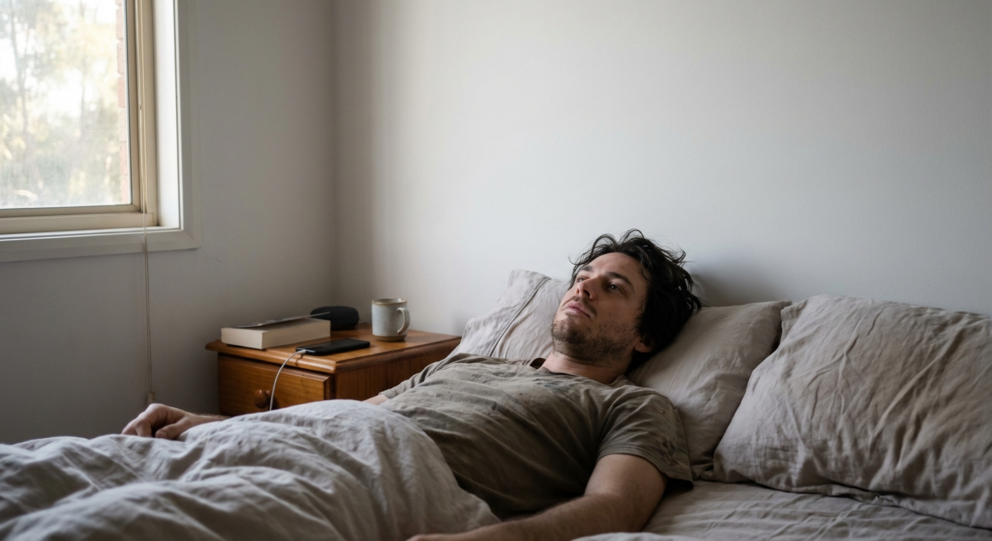 גבר ישראלי צעיר שוכב במיטה עם עיניים פקוחות, מביט בתקרה, אור בוקר חלש נכנס מהחלון