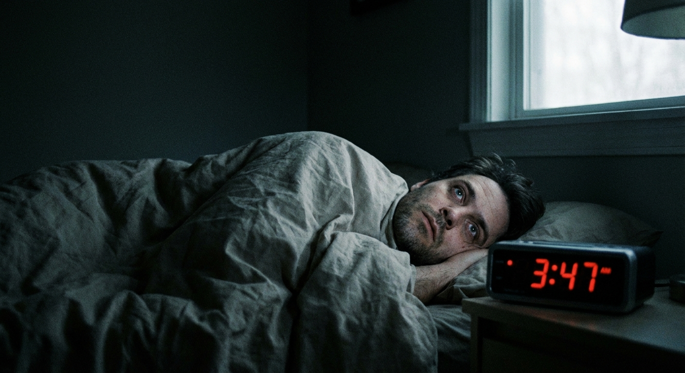 אדם שוכב במיטה בחושך עם עיניים פקוחות, שעון מראה 3:47 בלילה