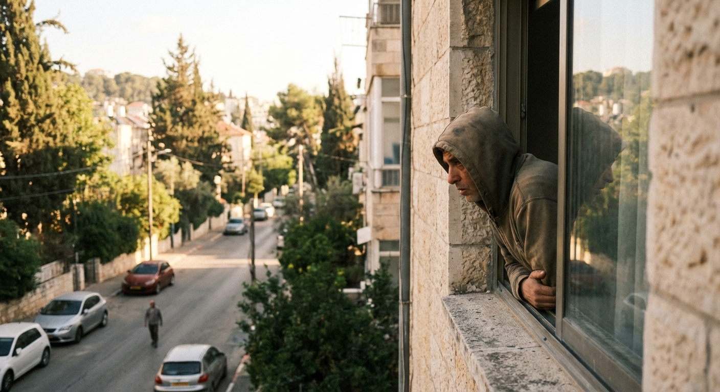 אדם יושב ליד חלון מביט החוצה בזהירות בעיר ישראלית שקטה