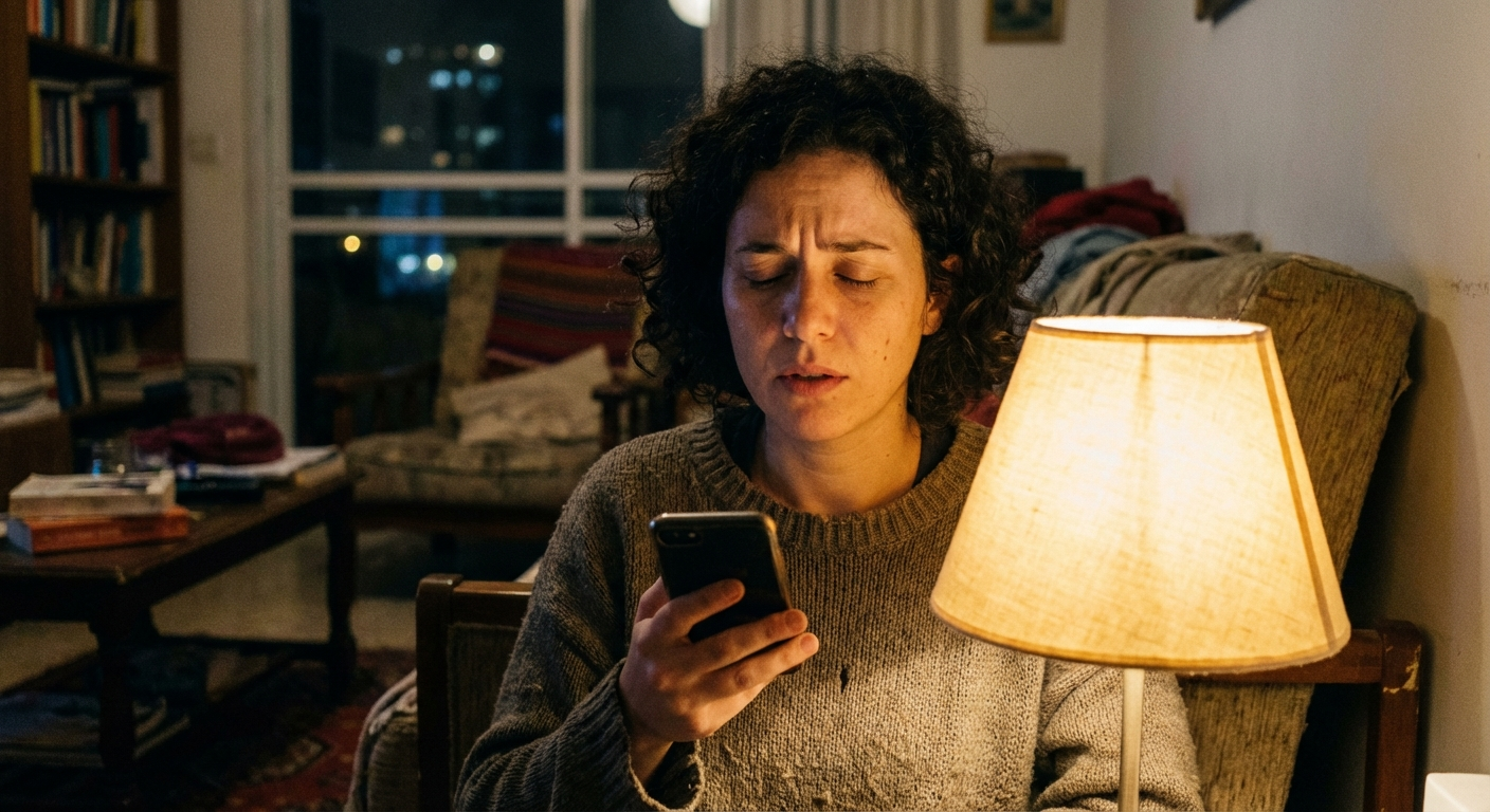 אדם ישראלי יושב בסלון בערב עם טלפון ביד, עוצר לרגע ונושם עמוק