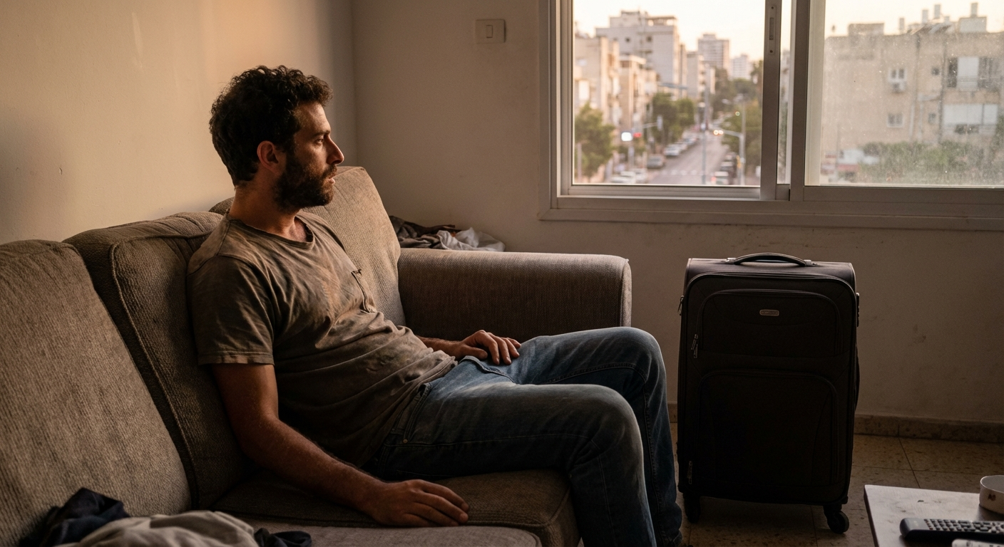 גבר ישראלי יושב על ספה ליד מזוודה סגורה, מביט בחלון בעצבות, דירה מוארת באור ערב