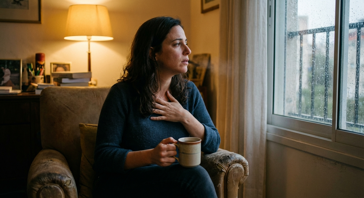 אישה ישראלית יושבת בסלון בערב עם כוס תה, מביטה לחלון, יד על הלב ונשימה איטית
