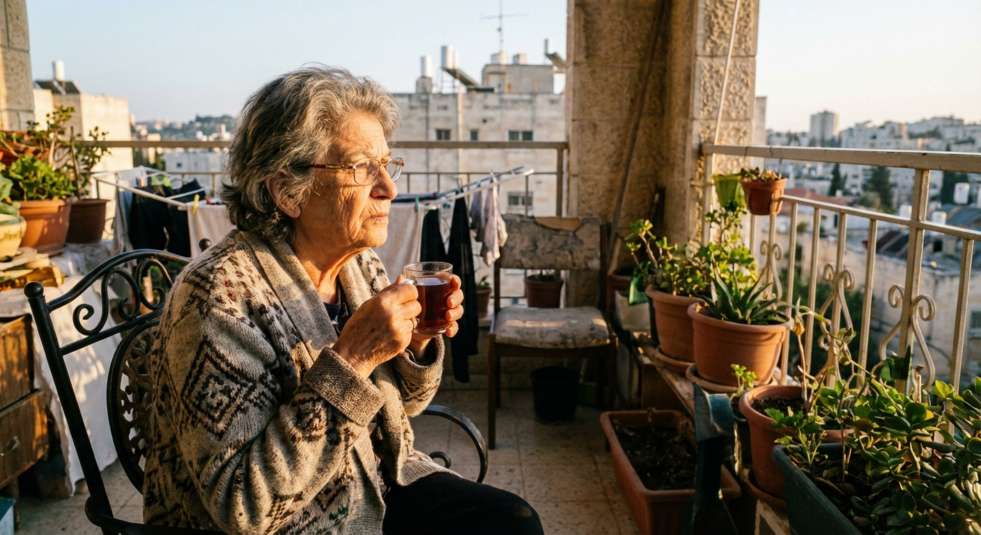 אישה ישראלית מבוגרת יושבת על מרפסת עם כוס תה, מבט מהורהר, אור שקיעה חם