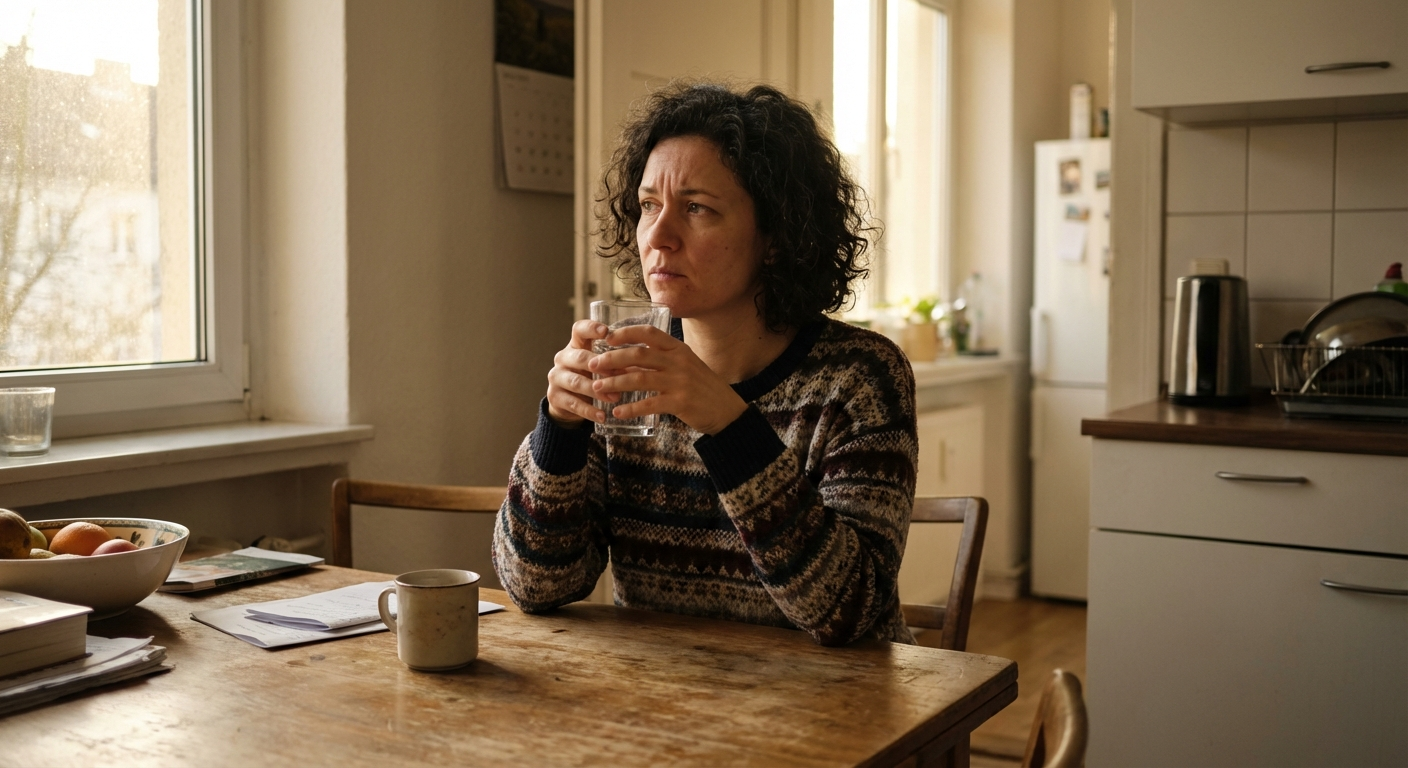 אישה ישראלית צעירה יושבת במטבח בבוקר מוקדם עם כוס מים, אור שמש רך, מבט מודאג ושקט
