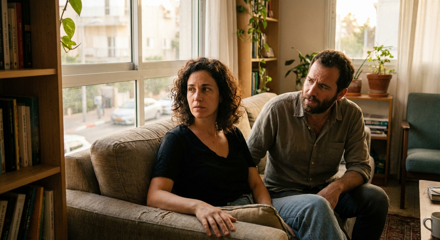 זוג ישראלי צעיר יושב על ספה, אישה מביטה בחלון בחוסר ודאות, גבר מסתכל עליה בדאגה, אור ערב