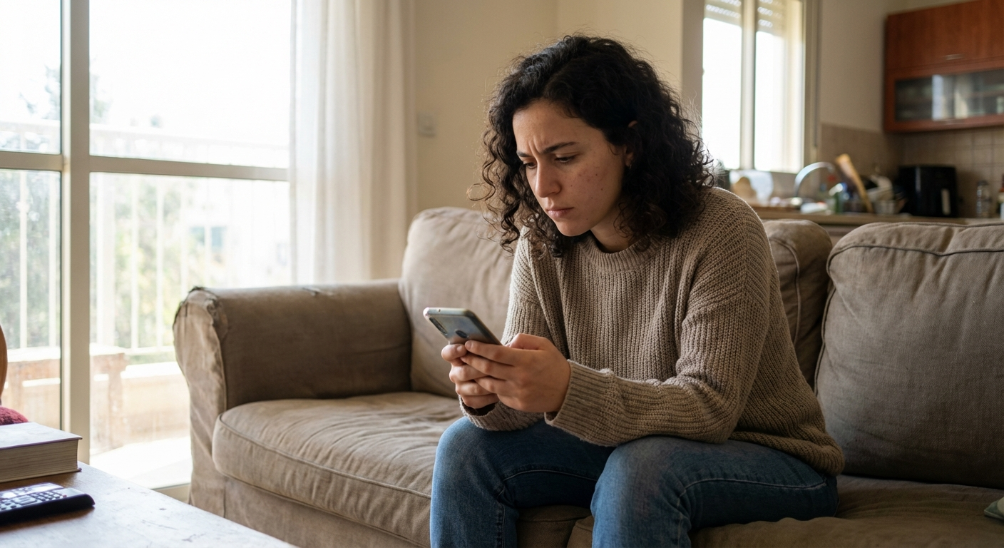 אישה ישראלית צעירה יושבת על ספה בסלון, מחזיקה טלפון ביד, מביטה בו בציפייה מתוחה, אור טבעי מהחלון, רגע אותנטי של המתנה