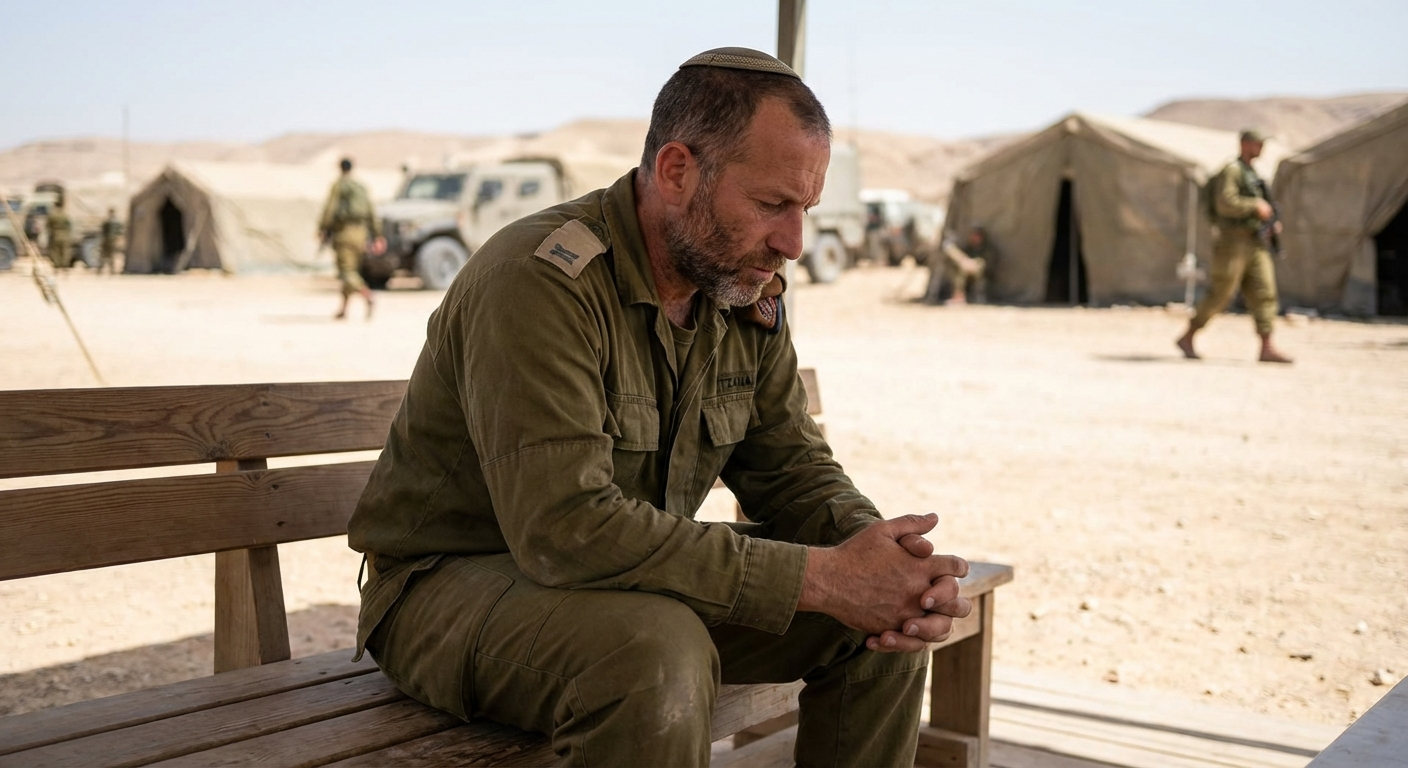 חייל מילואים ישראלי יושב לבד עם מבט מהורהר, רקע בסיס צבאי מטושטש