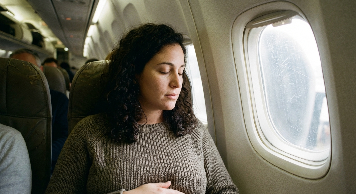 אישה ישראלית יושבת ליד חלון במטוס, עיניים עצומות, יד על הבטן, נושמת לאט
