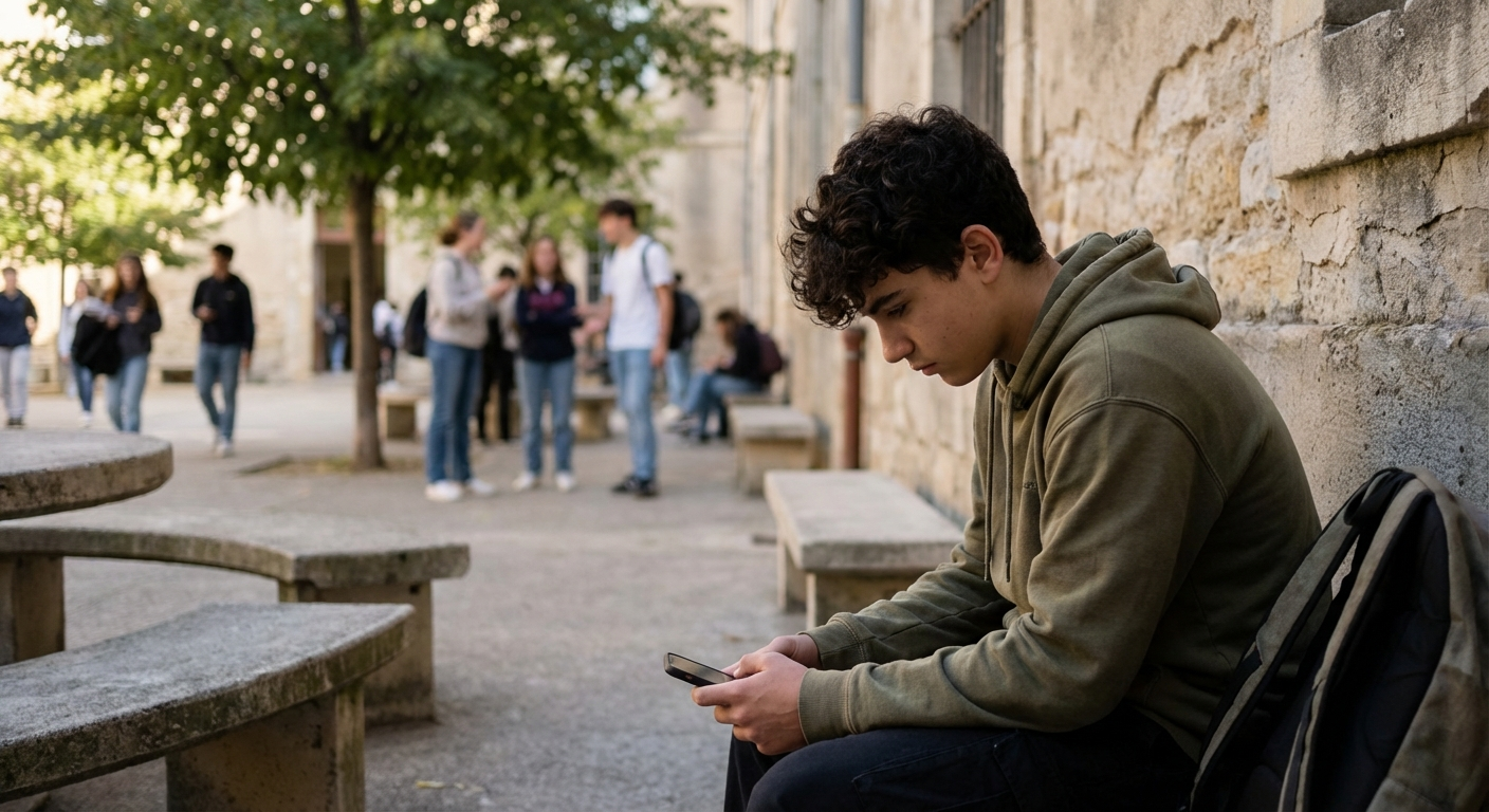 מתבגר ישראלי יושב לבד בפינת חצר בית ספר, מביט בטלפון, תלמידים אחרים ברקע