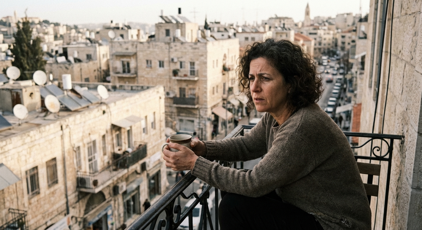 אישה ישראלית יושבת על מרפסת, מחזיקה כוס קפה, מביטה לאופק בדאגה