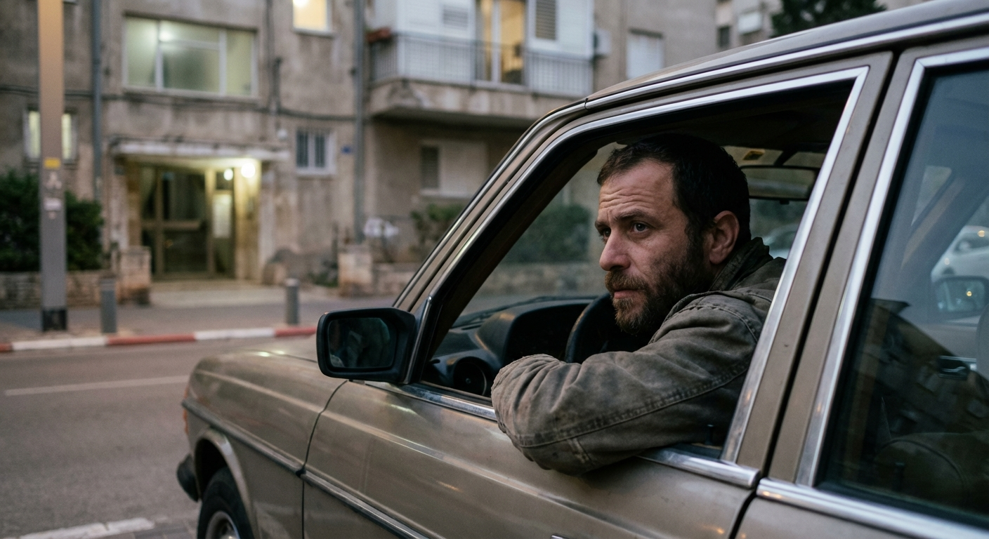 גבר ישראלי יושב במכונית לפני כניסה לבניין, מביט החוצה עם הבעה מהוססת