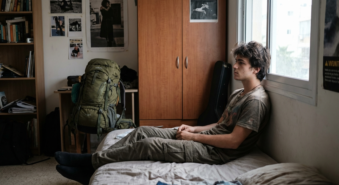צעיר ישראלי יושב על מיטה בחדר שלו, מביט בחלון, תיק ארוז ברקע, תאורה טבעית רכה