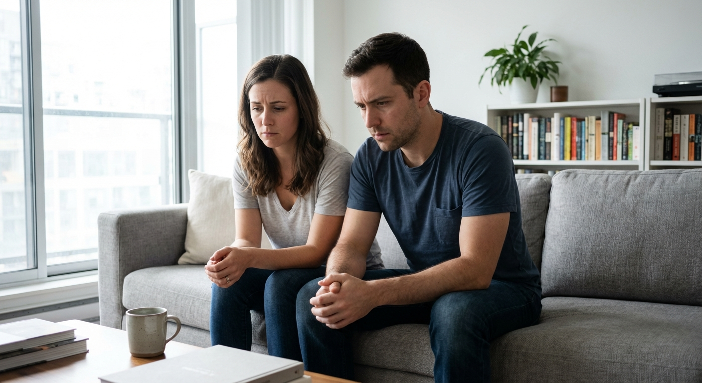 זוג ישראלי צעיר יושב בסלון, מבט מהורהר ומודאג, תאורה טבעית רכה