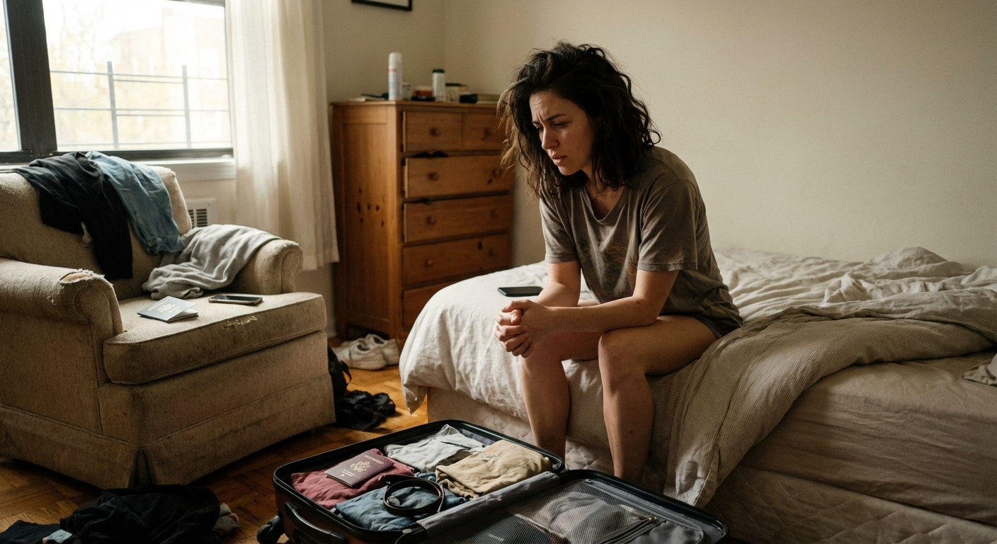 אישה ישראלית יושבת על מיטה מול מזוודה פתוחה, מביטה בה בדאגה, חדר שינה מואר באור בוקר