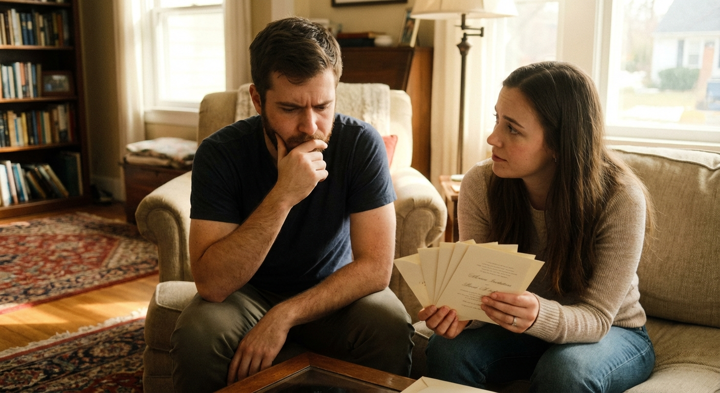 זוג ישראלי צעיר יושב על ספה, האישה מחזיקה הזמנות לחתונה והגבר נראה מוטרד