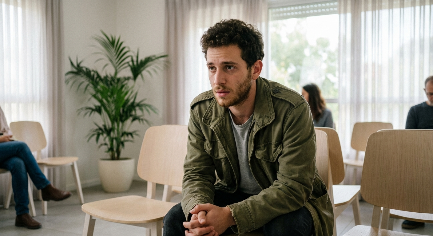 גבר ישראלי צעיר יושב בחדר המתנה של מרפאה, מבט מתוח, תאורה רכה