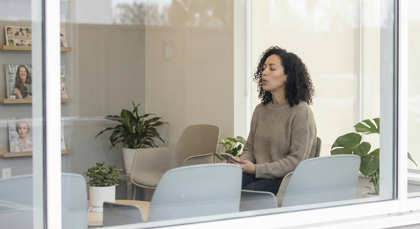 אישה ישראלית צעירה יושבת בחדר המתנה של מרפאת שיניים, נושמת עמוק ומחזיקה טלפון
