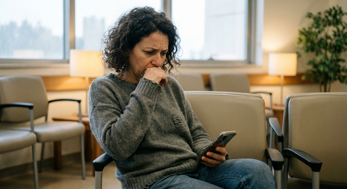 אישה ישראלית בשנות ה-40 יושבת בחדר המתנה בבית חולים, מבט מודאג, תאורה רפואית רכה