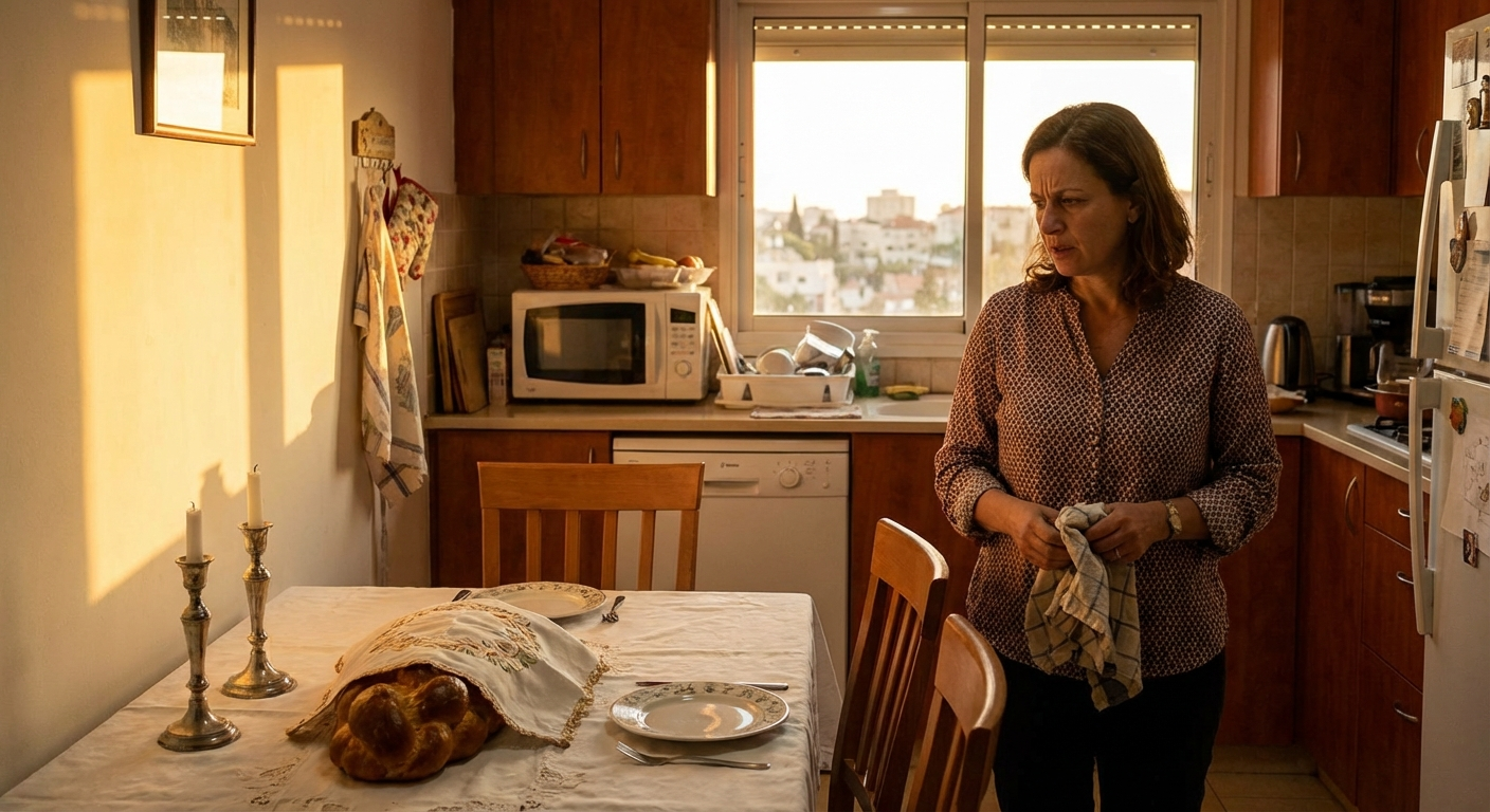 אישה ישראלית עומדת במטבח מול שולחן שבת ערוך, מביטה בו בדאגה, אור ערב חם