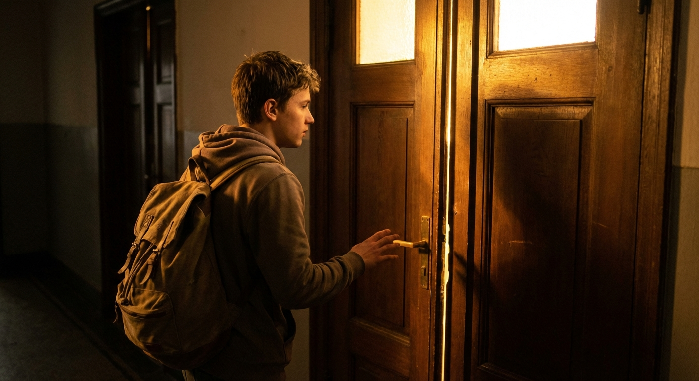 צעיר/ה עומד/ת מול דלת סגורה עם תיק גב, גב למצלמה, אור מהדלת