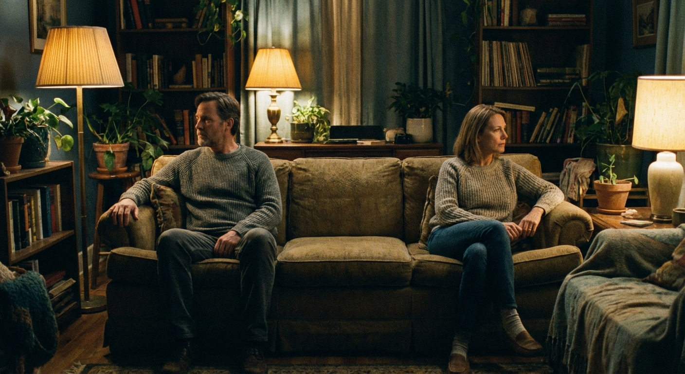 זוג ישראלי יושב על ספה עם מרחק קטן ביניהם, תאורה רכה חמה