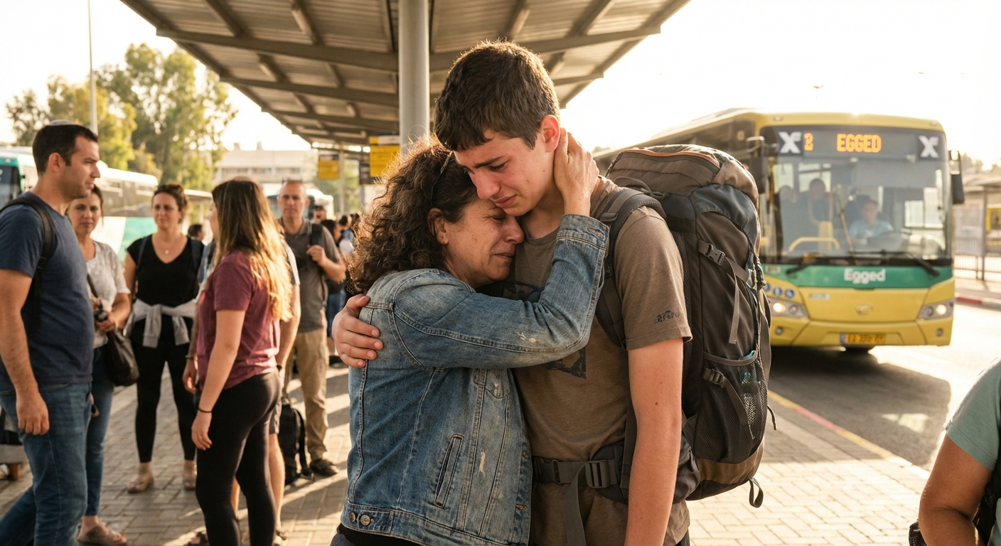 אמא ישראלית מחבקת את בנה בתחנת אוטובוס, ביום שמשי, רגע פרידה רגשי