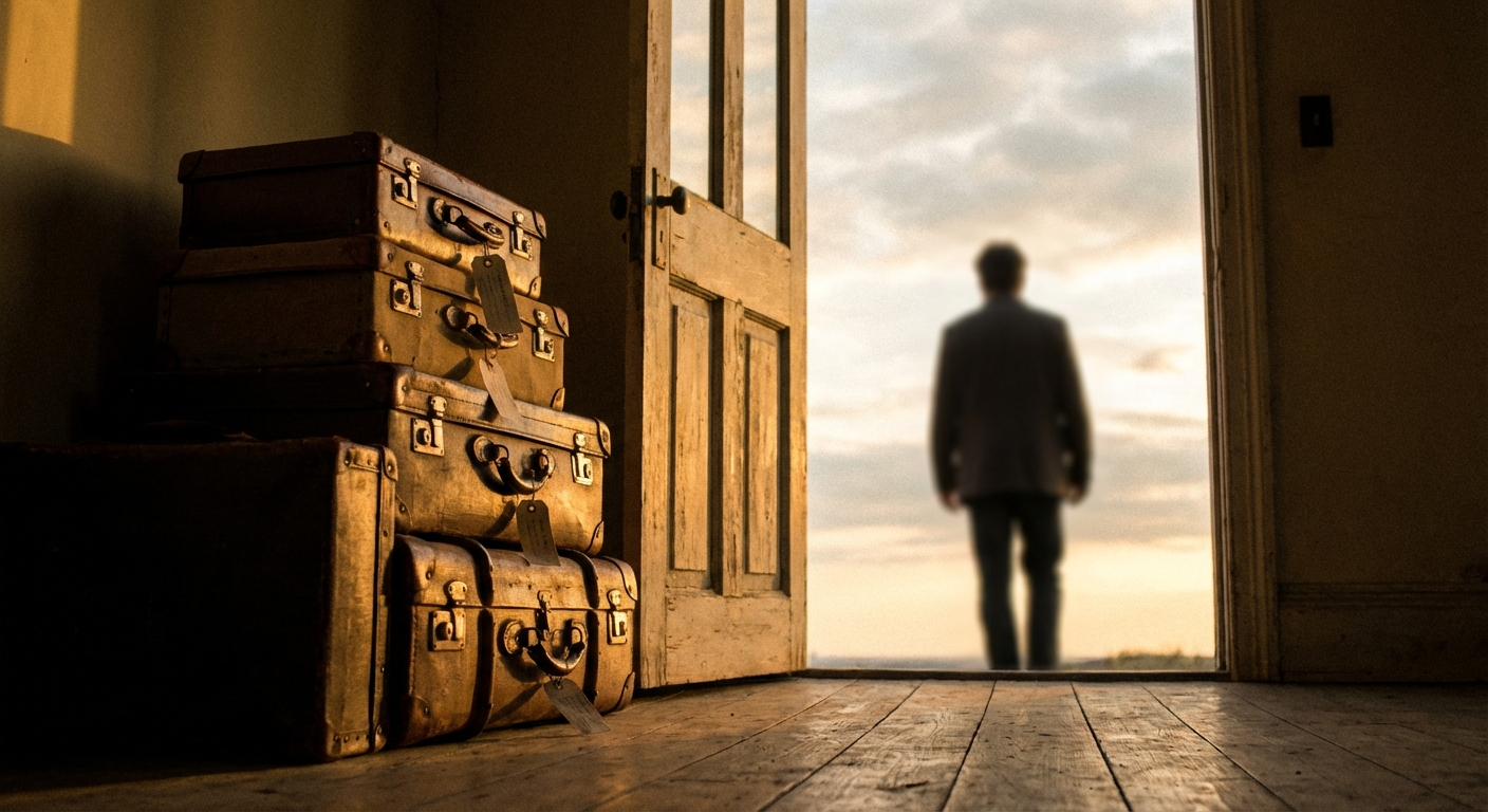 מזוודות ארוזות ליד דלת פתוחה, מבט החוצה לשמיים פתוחים