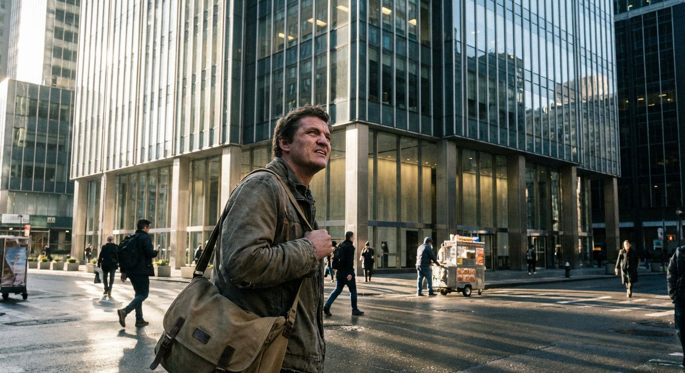 אדם עומד מול בניין משרדים מודרני, מביט כלפי מעלה, תיק על הכתף, בוקר מוקדם