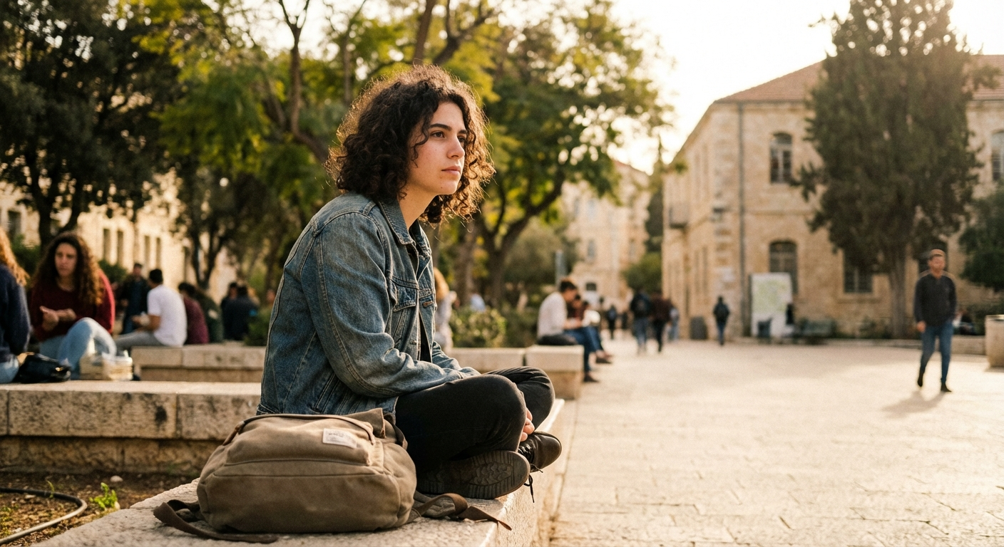 סטודנט ישראלי צעיר יושב בקמפוס אוניברסיטאי, תיק על הכתף, מבט מהורהר