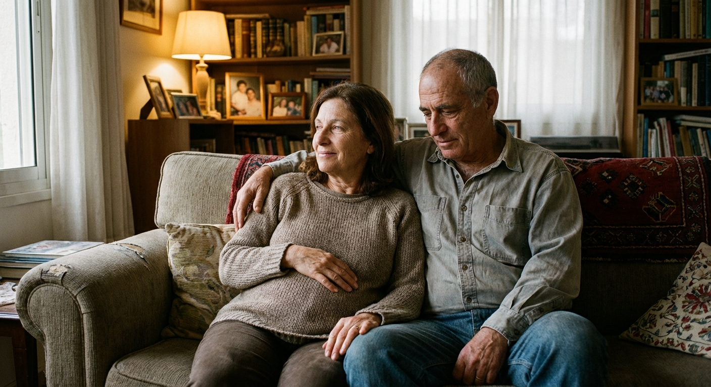 זוג ישראלי יושב על ספה, היד של האישה על הבטן, ביטוי מהורהר אך מלא תקווה, תאורה רכה