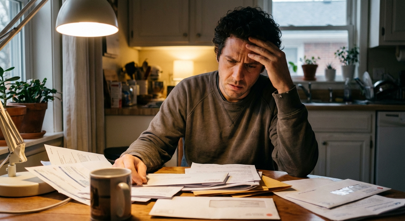 אדם ישראלי בשלהי שנות ה-30 יושב ליד שולחן עם חשבונות פזורים, מבט מודאג, תאורת ערב ביתית