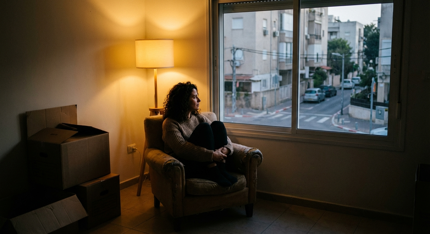 אישה ישראלית צעירה יושבת לבד בסלון בערב, אור חם מנורה, מבט מהורהר אל החלון