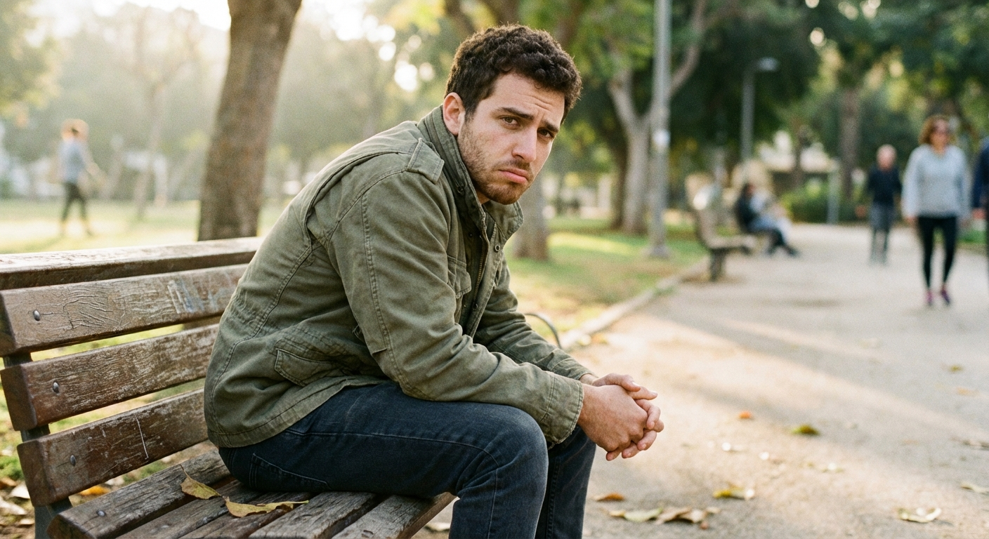 גבר ישראלי צעיר יושב על ספסל מביט קדימה עם מבט נחוש, אור בוקר