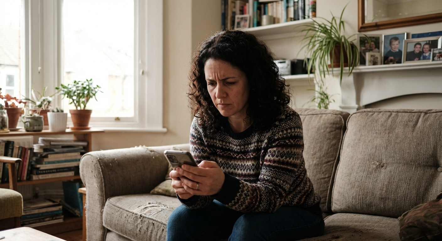 אישה ישראלית צעירה יושבת על ספה בבית, מחזיקה טלפון ומסתכלת עליו בדאגה, אור טבעי מהחלון