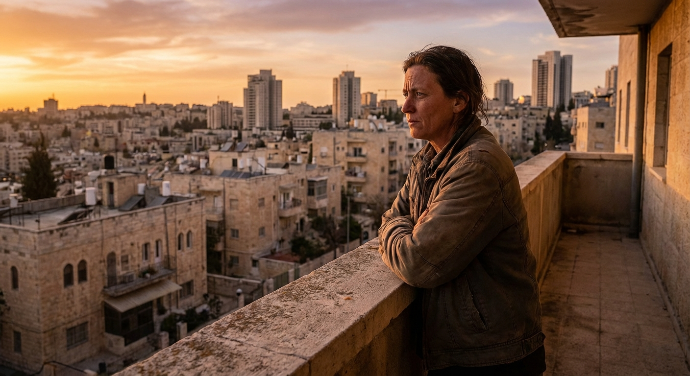 אדם עומד על מרפסת ומביט לאופק בשקיעה, גוף מתוח אך פנים מרוכזות