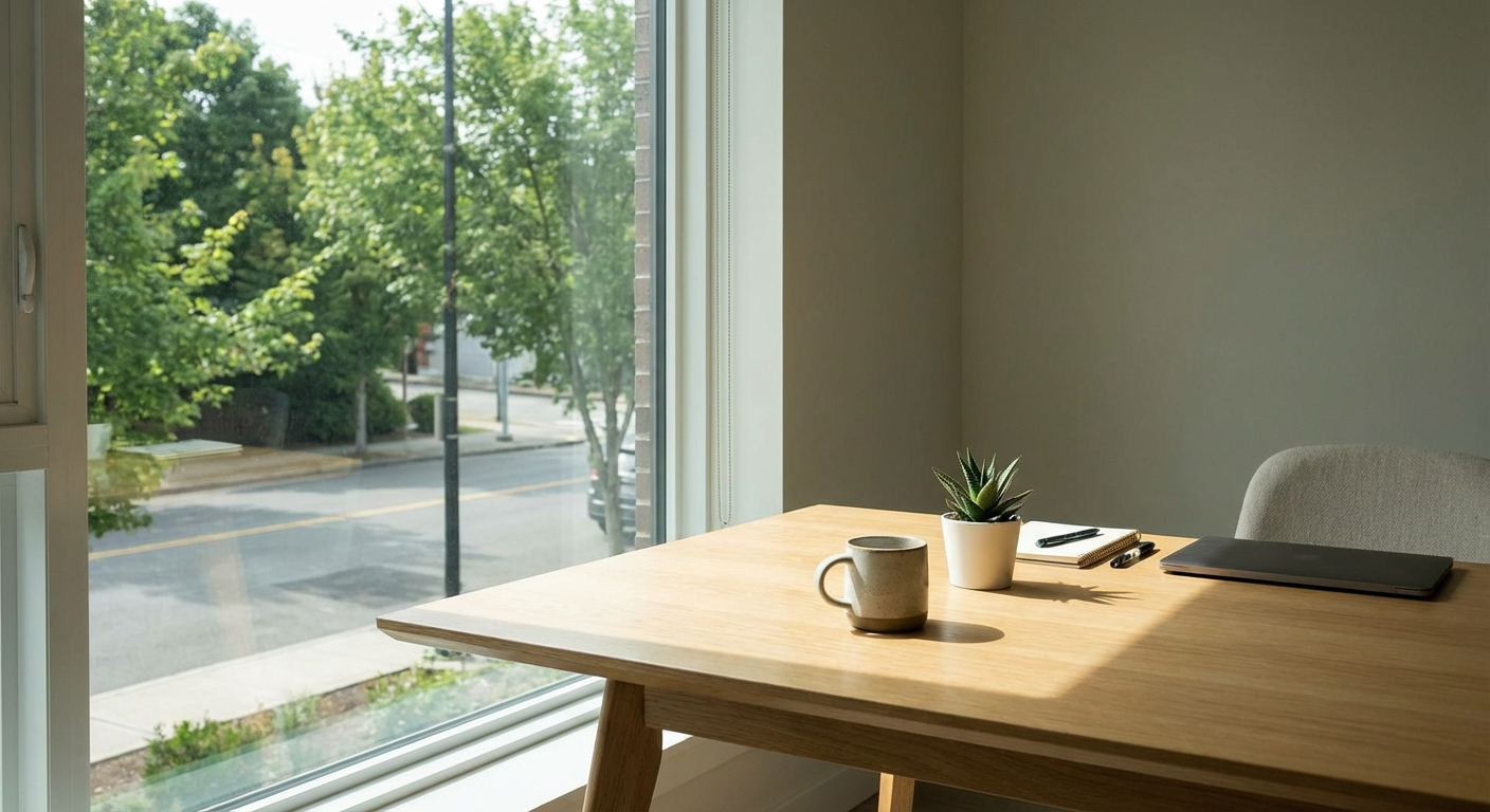 שולחן עבודה מסודר עם חלון גדול, אור טבעי, ספל קפה וצמח