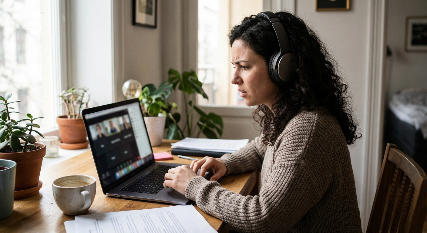 אישה ישראלית צעירה יושבת מול מחשב נייד עם אוזניות, מביטה במסך בדאגה