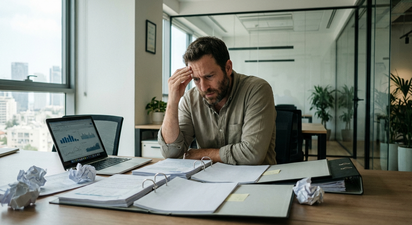 אדם ישראלי יושב ליד שולחן עבודה במשרד עם מבט מודאג, מסך מחשב ברקע
